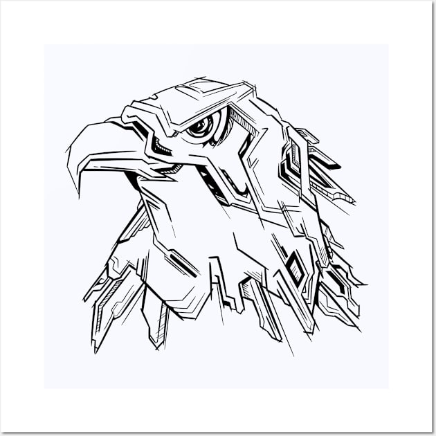 Badass Cyberpunk Eagle Mecha (black line art) Wall Art by Sardoodles